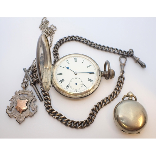 206 - ** WITHDRAWN ** A silver cased hunter Pocket Watch, a silver graduated Watch Albert, a Shield Fob on... 