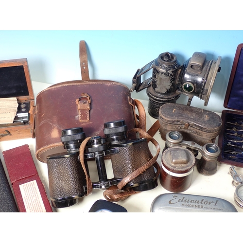 224 - A pair of Binoculars in leather case, a Lucas Lamp, Compass, Drawing Instruments, etc