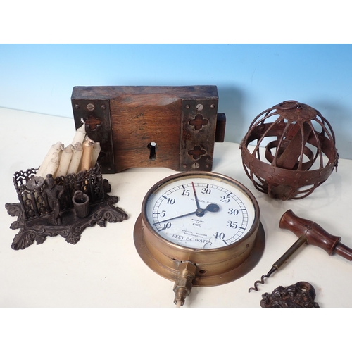 230 - A brass Kidd Altitude Gauge, an American Alarm Clock, a Coney's Corkscrew, a metal Candleholder, a c... 