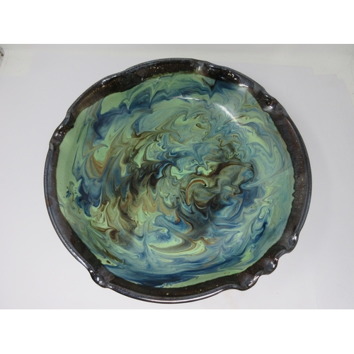 251 - A Spanish Terracotta large Bowl with green/blue marbled glaze, 15in