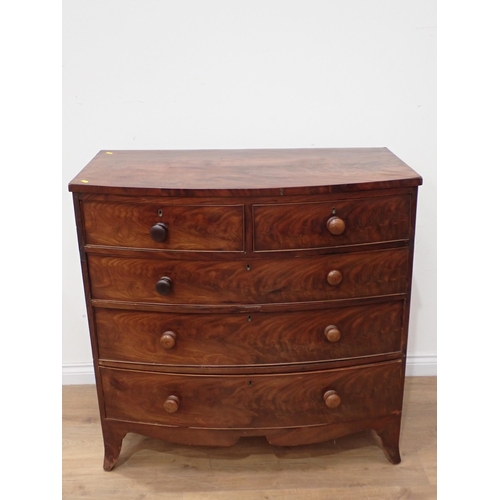 274 - A 19th Century mahogany bow fronted Chest of two short and three long drawers on splayed feet 3ft 6i... 