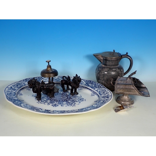 291 - A pair of Chinese bronze Kylins, a salt Hod, Bell, Water Ewer and a Meat Plate