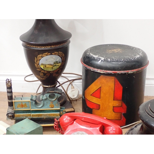 335 - A pottery Table Lamp (passed PAT), a painted wooden model of a train, a Candle Holder, an Antelope H... 