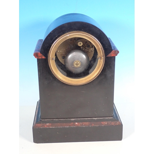 353 - A veined and black marble Mantel Clock with circular dial, 10 1/2in H