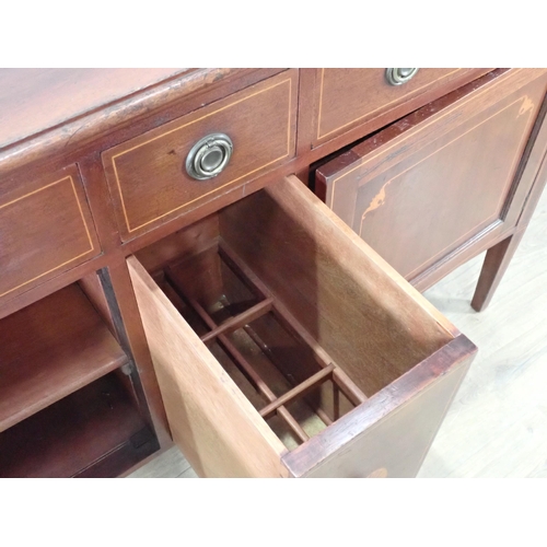 365 - An Edwardian mahogany and inlaid Sideboard fitted three drawers above two cupboard doors on squared ... 