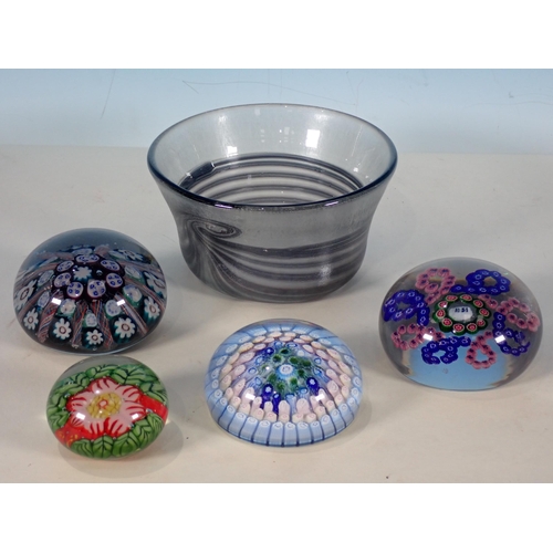 382 - An Art Glass Bowl with engraving to base, 5in, and four various glass Paperweights