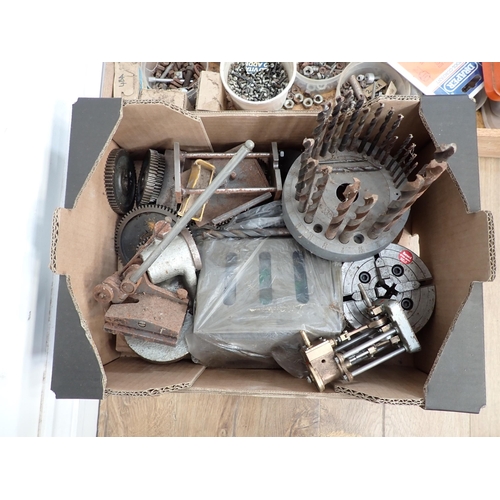 393 - A large quantity of boxes of metalworking equipment including vices, drill bits, drills, planes, nut... 