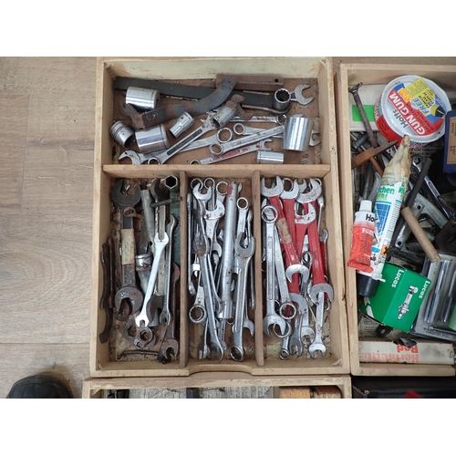 393 - A large quantity of boxes of metalworking equipment including vices, drill bits, drills, planes, nut... 