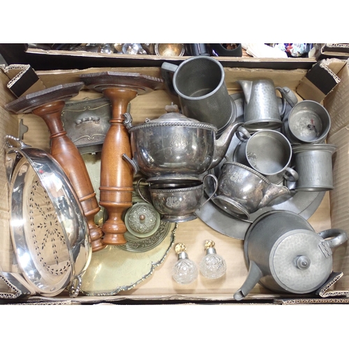 395 - Three boxes: Plated Cutlery, Dinnerware, Camera Equipment, Candlesticks, Pewterware, etc