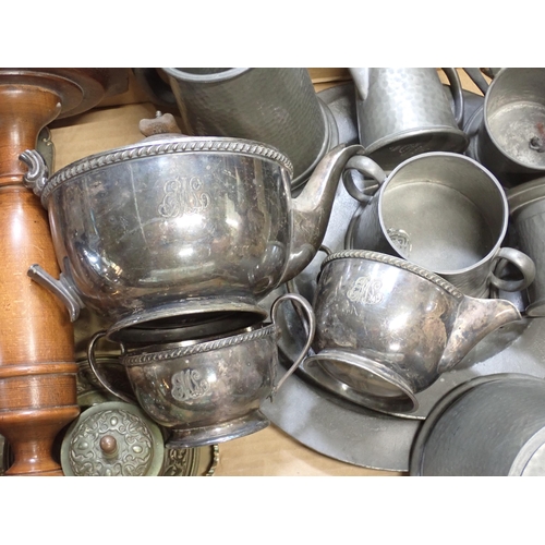 395 - Three boxes: Plated Cutlery, Dinnerware, Camera Equipment, Candlesticks, Pewterware, etc