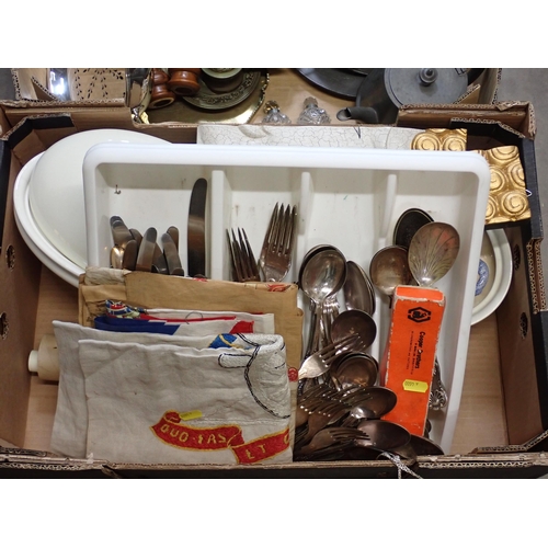 395 - Three boxes: Plated Cutlery, Dinnerware, Camera Equipment, Candlesticks, Pewterware, etc