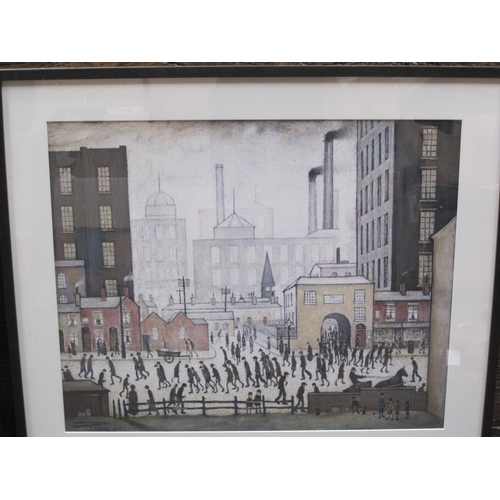 406 - AFTER LAURENCE S. LOWRY. 'Market Day'; and 'Leaving the Factory Gates', colour reproductions, 19 x 2... 