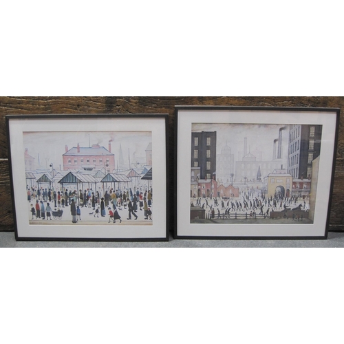 406 - AFTER LAURENCE S. LOWRY. 'Market Day'; and 'Leaving the Factory Gates', colour reproductions, 19 x 2... 