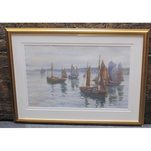 410 - EDMUND GOULDSMITH. Fishing Boats in a Calm, off Newlyn, signed, watercolour, 13 1/2 x 20 1/2in