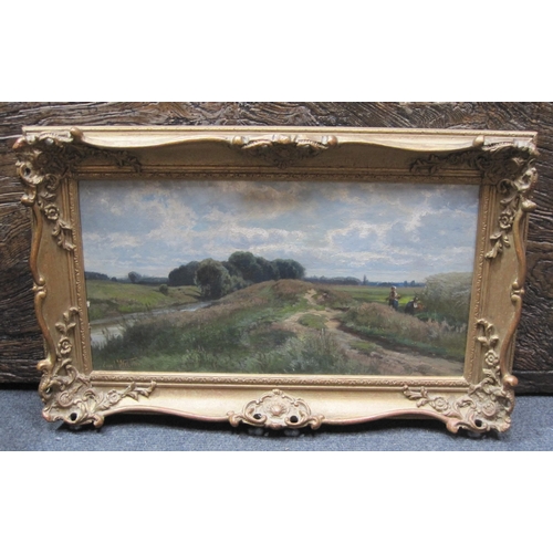 427 - CARL WEBER. Harvest-time, signed, oil on canvas laid down on panel, 9 1/2 x 17 1/2in