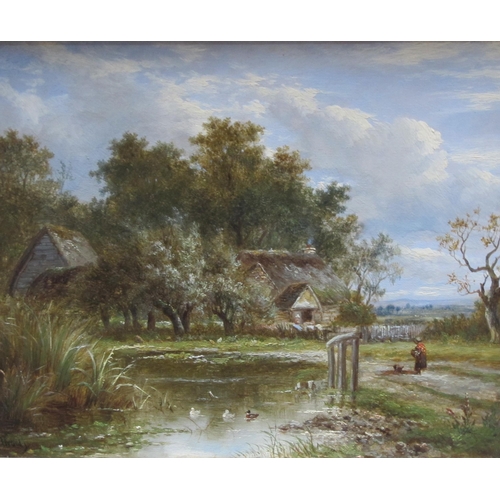 428 - JOSEPH THORS. A rustic scene with a figure by a farm pond, signed, oil on canvas, 9 1/2 x 12in