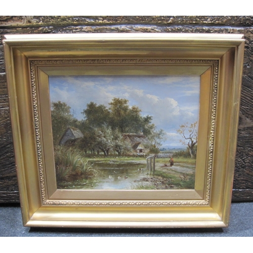 428 - JOSEPH THORS. A rustic scene with a figure by a farm pond, signed, oil on canvas, 9 1/2 x 12in