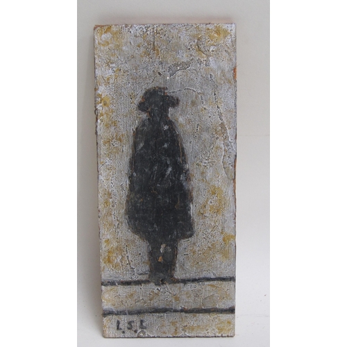 436 - MANNER OF LAURENCE S. LOWRY. A Figure Standing, bears initials, oil on panel, unframed, 8 3/4 x 4in