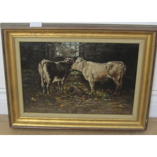 437 - ENGLISH SCHOOL. Cattle in a Byre, oil on canvas, 8 1/2 x 13in