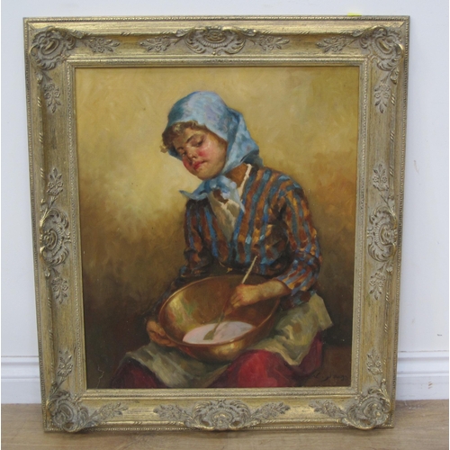 438A - EAST EUROPEAN SCHOOL. A Girl making Broth, indistinctly signed, oil on canvas, 24 x 20in; an oil pai... 