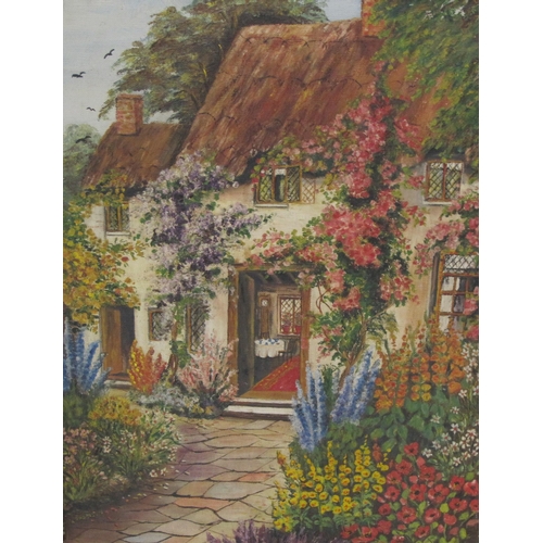 442A - ENGLISH SCHOOL, c.1920. View towards a Country Cottage, oil on canvas board, 21 x 15 1/2in; together... 