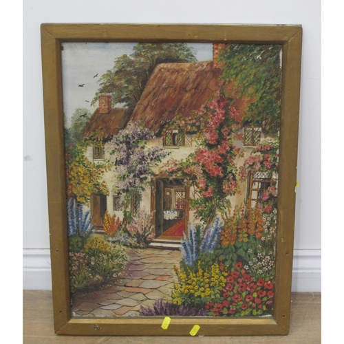 442A - ENGLISH SCHOOL, c.1920. View towards a Country Cottage, oil on canvas board, 21 x 15 1/2in; together... 