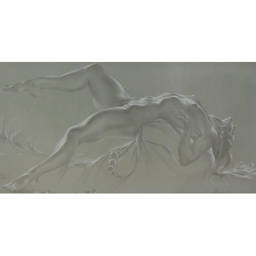 444 - AFTER ANTHONY BRANDT. A reclining female nude, colour reproduction, 22 x 41in; an oil painting depic... 