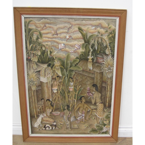 449 - BALINESE SCHOOL, 20th Century, 'In the Fields'; and 'A Family Gathering', mixed media on canvas, 36 ... 