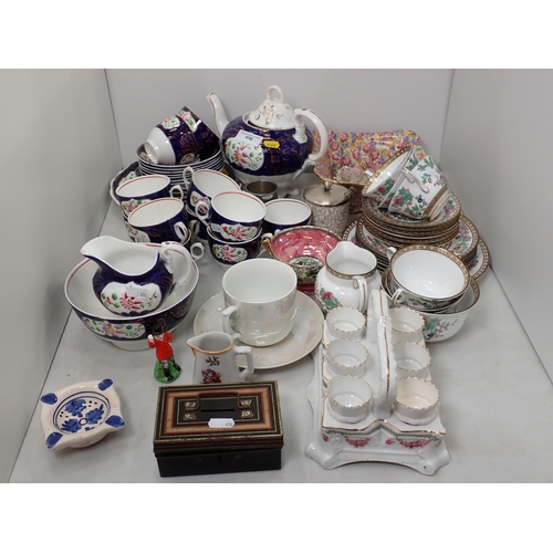 456 - A part Gaudy Welsh Tea Set with floral design, an Egg Cup Stand, a Maling lustre Bowl, 4in, part Tea... 