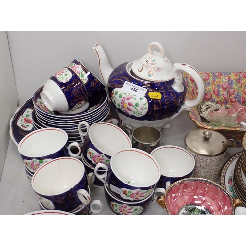 456 - A part Gaudy Welsh Tea Set with floral design, an Egg Cup Stand, a Maling lustre Bowl, 4in, part Tea... 