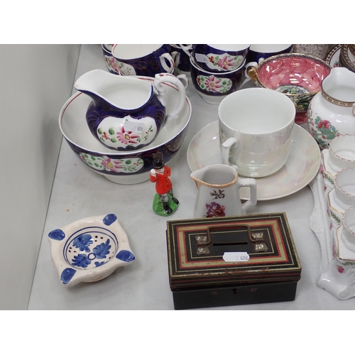 456 - A part Gaudy Welsh Tea Set with floral design, an Egg Cup Stand, a Maling lustre Bowl, 4in, part Tea... 