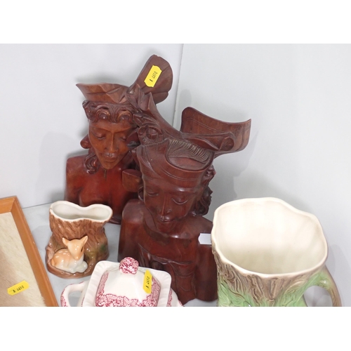 460 - An Eastgate Pottery 'Bambi' Jug and Planter, a copper Plaque, Dinnerware, two carved wooden Busts, e... 