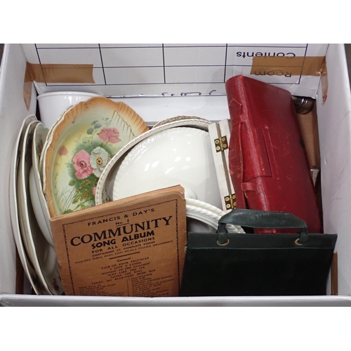 464 - Three boxes including a Writing Box, Dinnerware, Magazines, Jugs and a metal bound Barrel