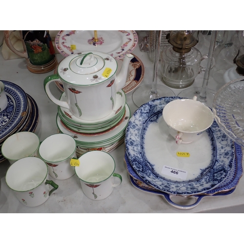 466 - A resin Model of a Torso, Cakestand, a Peacock Pottery part Coffee Service, blue and white Plates an... 