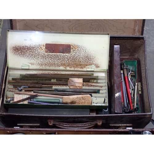 487 - Two case of Cameras, a small Empire Typewriter, Drawing Instruments etc