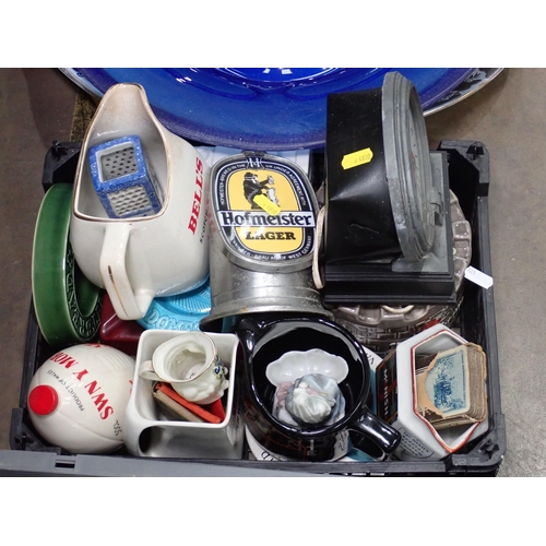 499 - A quantity of glassware, beer pump sign Pub Jugs, a large blue glass Bowl, Meat Plates etc