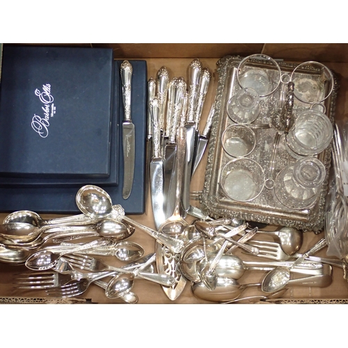 503 - A plated Cruet Stand, a plated Breakfast Dish, a quantity of plated Cutlery, boxed table Mats etc