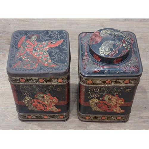 51 - A brass covered Coal Bow, a Victorian walnut Coal Box and two antique tin Tea Tins