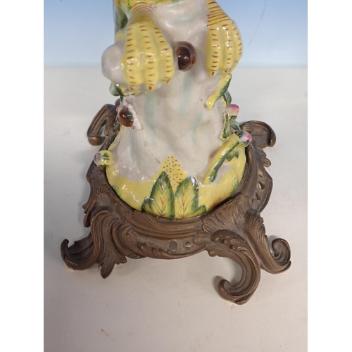 511 - A pair of Parakeet Candle Stands, with scrolled gilt metal bases and shades 14 1/2in H