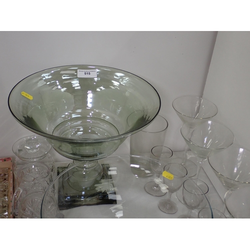 515 - A large glass pedestal Bowl, another pedestal Bowl, Cocktail Glasses, Jugs, Bowls etc