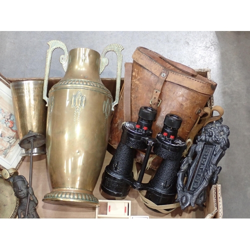 517 - A large brass two handled Vase, a pair of Binoculars a door Letter Opening, a set of four prints etc