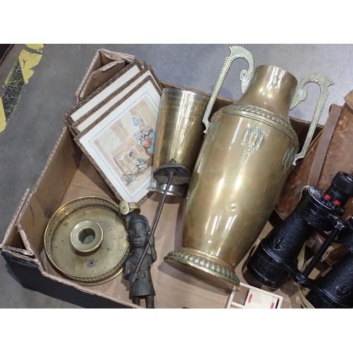 517 - A large brass two handled Vase, a pair of Binoculars a door Letter Opening, a set of four prints etc