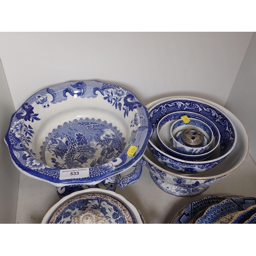 533 - A Booths Real Old Willow part Dinner Service, a Mason's Ironstone blue and white pedestal Comport et... 