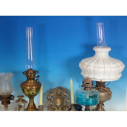 541 - Four Oil Lamps (failed PAT, no earth), a brass two branch Wall Sconce and an Empire style plated Can... 