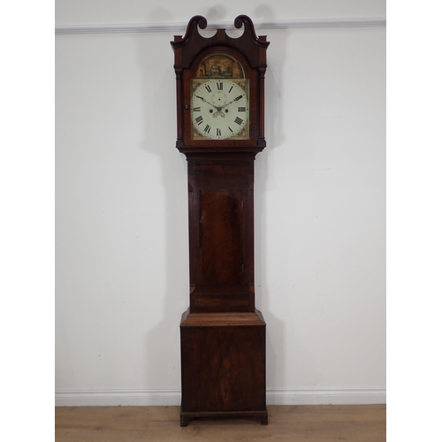 547 - A 19th Century 28 day Longcase Clock with arched painted dial with maritime scene in mahogany case w... 