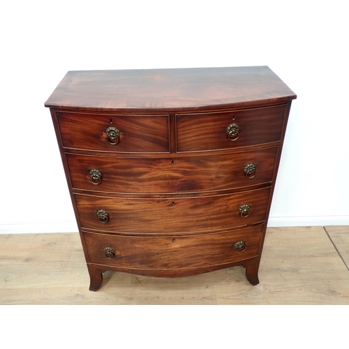 573 - A 19th Century mahogany bow fronted Chest of two short and three long drawers on splayed feet 3ft 11... 