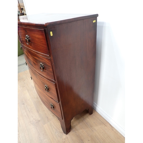 573 - A 19th Century mahogany bow fronted Chest of two short and three long drawers on splayed feet 3ft 11... 