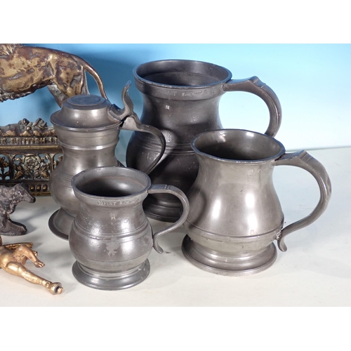 580 - A box including seven pewter Tankards, Plate, plated Coffee Pot, brass Lion, lead Cow and a gilt met... 