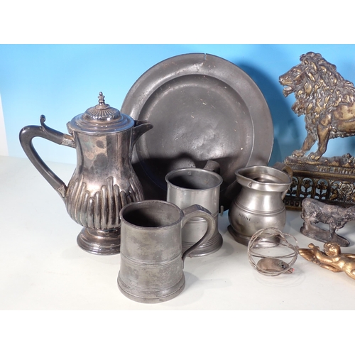 580 - A box including seven pewter Tankards, Plate, plated Coffee Pot, brass Lion, lead Cow and a gilt met... 