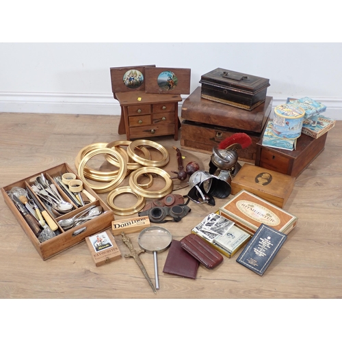 588 - Two boxes including Victorian walnut Sewing Box, pine apprentice Chest of Drawers, Cash Tin, another... 